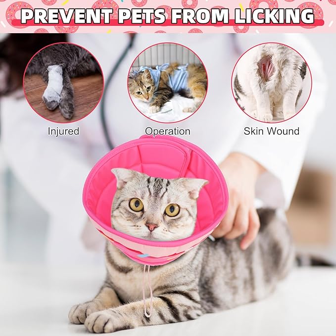 KOOLTAIL Cat Cone Collar Soft, Cat Recovery Collar After Surgery, Adjustable Comfortable Lightweight Cat Neck Cone to Stop Licking, Foldable Donut Water Resistant Pet Cone for Small Large Kitten PinkM