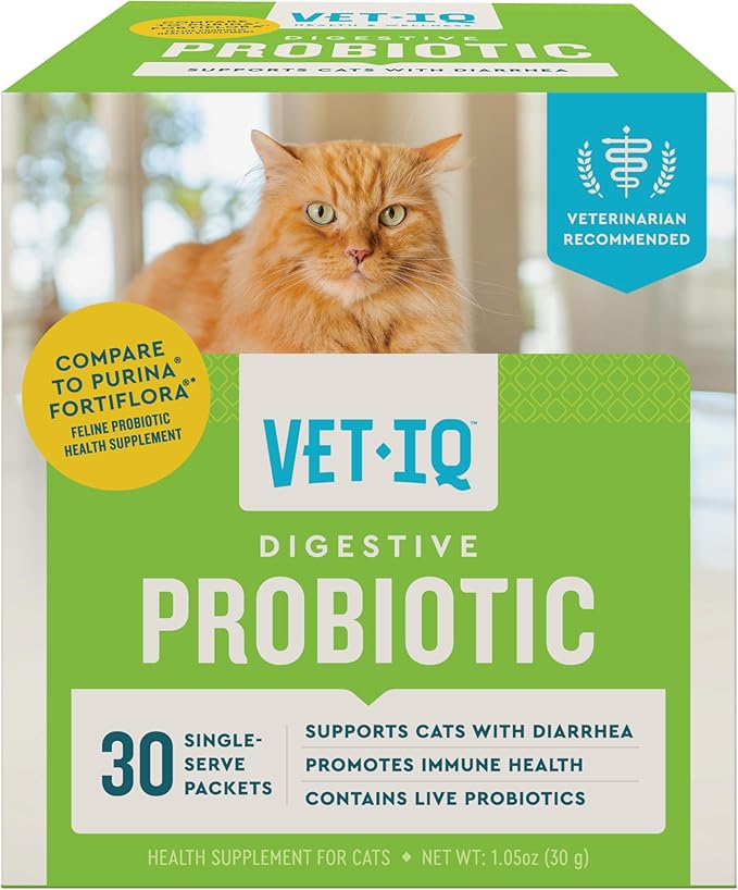 VetIQ Probiotic Powder for Cats, Compare to Fortiflora Probiotic Powder*, Treats Diarrhea and Food Sensitivity, Chicken Flavored Single Serve Packets for Indoor and Outdoor Cats, 30 Count