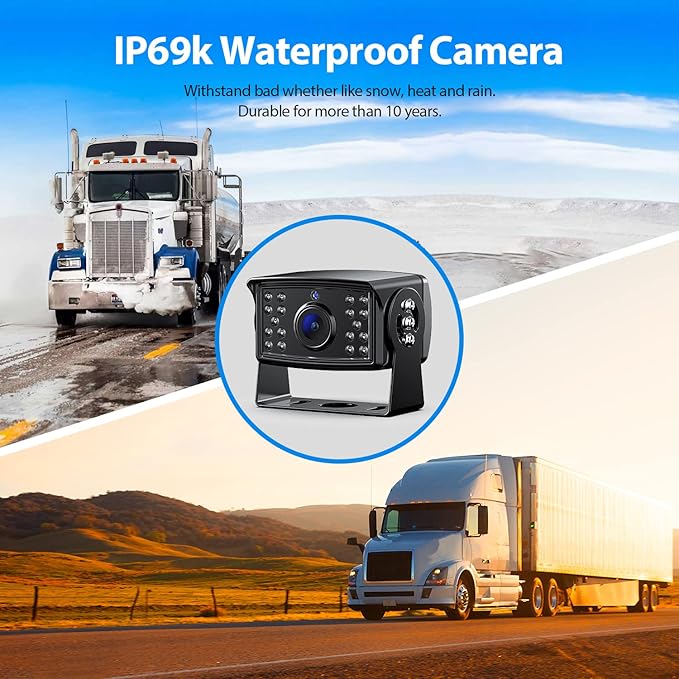 10" HD Backup Camera System Kit, Loop Recording Large Monitor with Wired Rear View Camera, IR Night Vision Waterproof Camera with Safe Parking Lines for Bus, Semi-Truck, Trailer, RV, BY104A