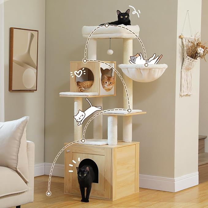 Tall Cat Tree with Litter Box Enclosure 57.5" Wooden Cat Tower for Large Cats with Cat Hammock House Bed (Pure Beige)