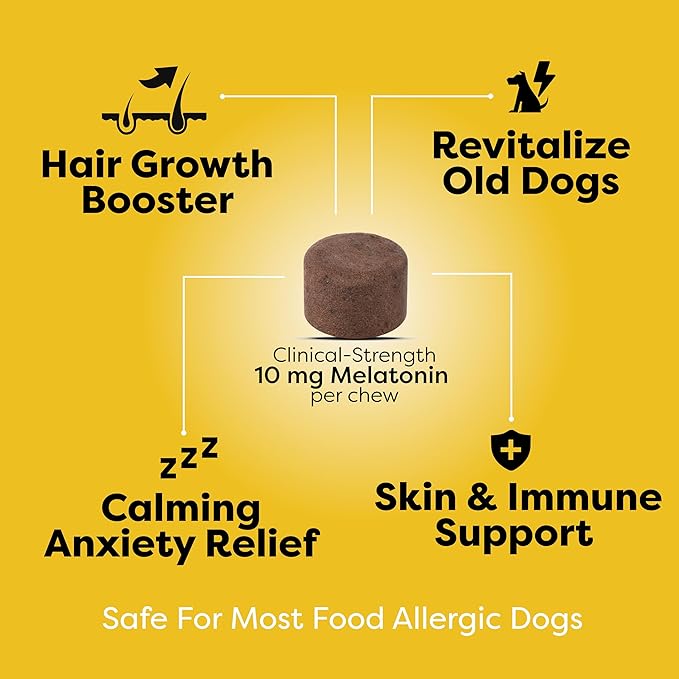 Doc Itchy Rejuvenating Hair-Grower Dog Pet Chews | 10mg Melatonin for Dogs | Hair Growth Booster | Senior Dog Energizer | Calming | Medical-Strength | Food Allergy Safe | Vegan | 90 Count