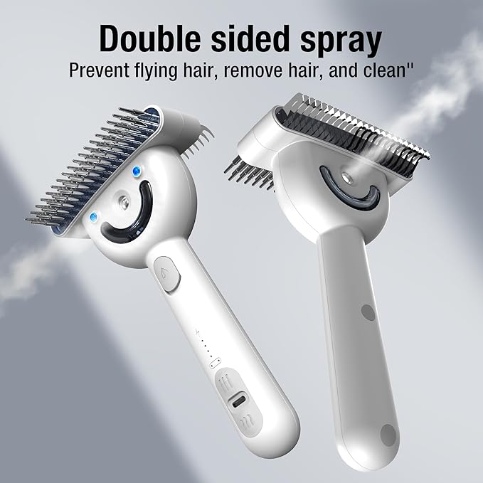 Pet Grooming Brush with Double-Sided Spray and UV Sterilization - 360° Rotating Round Needle, Depilatory Comb and Long Hair Brush, Waterproof, Rechargeable - For Long or Curly Haired Pets