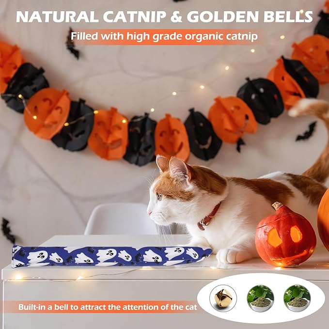 EXPAWLORER Halloween Cat Toys, 4 pcs Soft Pillow Catnip Toys with Bells Inside, Interactive Bite Resistant Fish Shape Kicker Toys for Indoor Kitten Playing