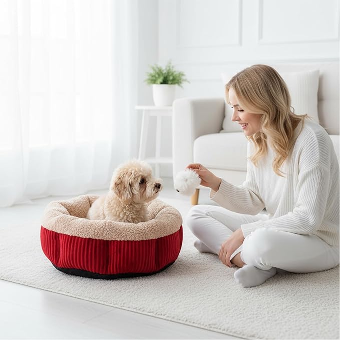 4 Pack Cat Bed Bulk 20in Self Warming Pet Beds for Small Cats Dogs Washable Red Round Donut Calming Bed with Anti-Slip Bottom Pet Gift Winter for Small Medium Cats and Dogs Puppy Kitten