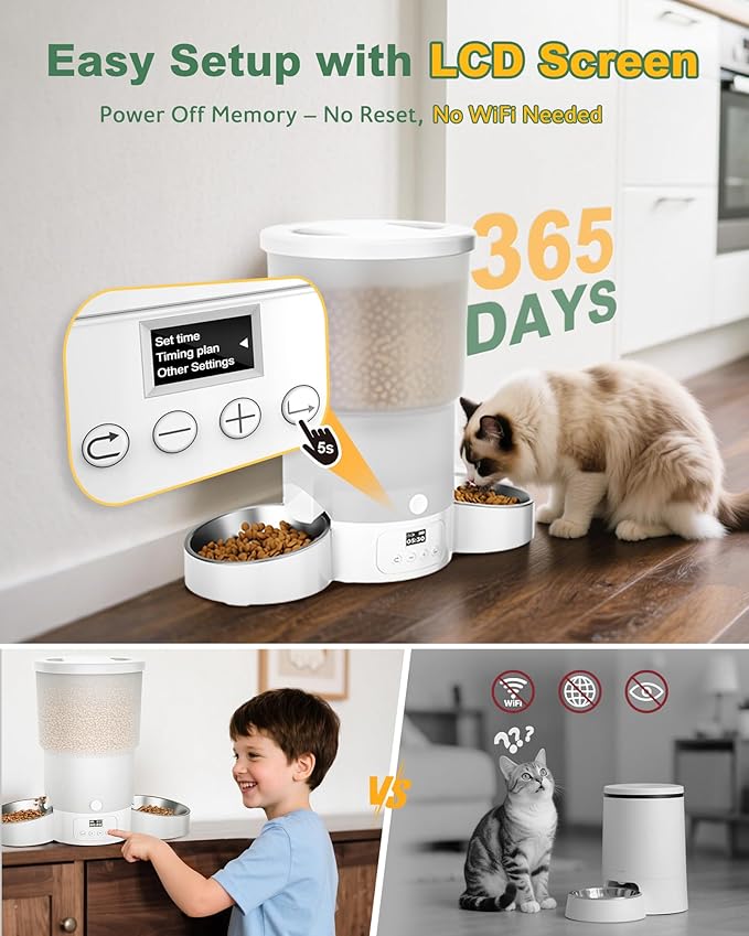 Gimars 5L Automatic Cat Feeder for 2 Cats, Programmable 1-6 Meals Cat Food Dispenser with Stainless Steel Bowl, Easy Setup, Dual Power Supply,10s Meal Call Timed Pet Feeder for Cats and Small Dogs