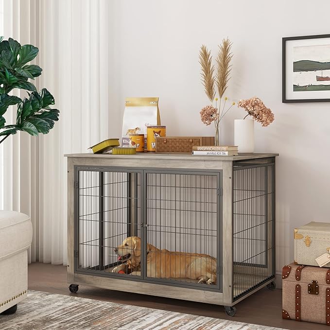 IchbinGo Dog Crate Furniture, Wooden Dog Crate Table, 43.7" Dog Kennel with 3 Doors, Flip-up Top Opening and Wheels, Decorative Pet Crate House for Large/Medium/Small Dog Indoor Use(Rustic Grey)
