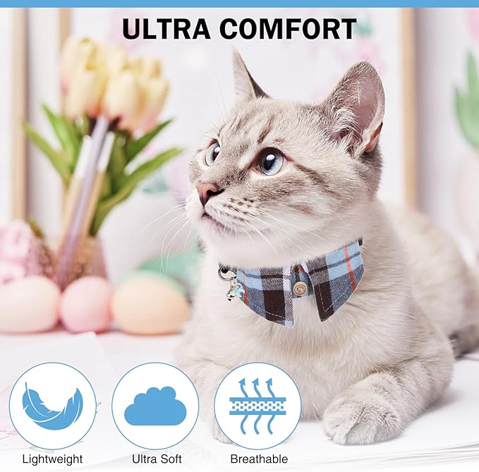 Cat Collar with Bells Breakaway, Bowtie Cat Collar for Boy Girl Cats with Removable Shirt Collar, Cute Plaid Kitten Collar with Bell & Pendant Adjustable, 2 Pack Blue Cat Necklace for Cat Pet
