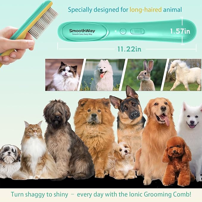 Premium Flea Comb for Dogs & Cats with Long Hair - 3-Row Stainless Steel Detection Tool with Manual Cleaning Brush | Electric Negative Ion Grooming Comb for Shaggy Dogs, Cats and Long-haired Animals