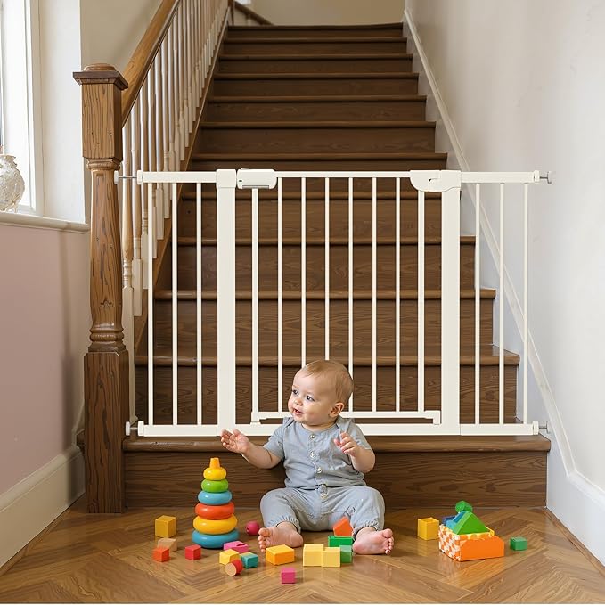 29.5-46" Magnetic Baby Gate for Stairs, Baby Safety Essentials, Auto Close Gate for Doorways, Easy Install Pressure Mounted Dog Gate Indoor, Pet Gates for Dogs, White