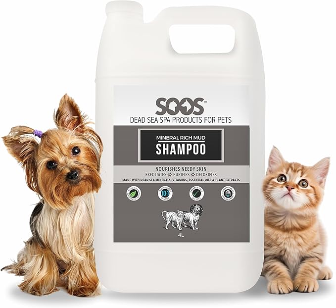 Soos pet Shampoo Mineral Rich Mud Cat and Dog Shampoo Natural Dead Sea Minerals Fast Absorbing - 1x Bottle (4L)