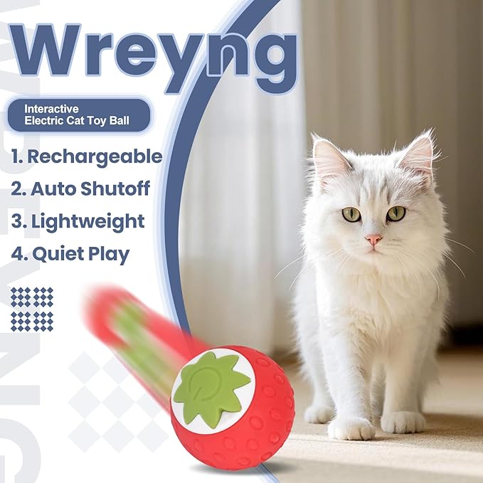 2Pcs Self-Moving Electric Cat Toy Ball with LED - Automatic Interactive Cat Toys for Indoor Cats, Smart Strawberry Design Stimulates Hunting Instincts, Boredom Relief & Exercise for Solo Play