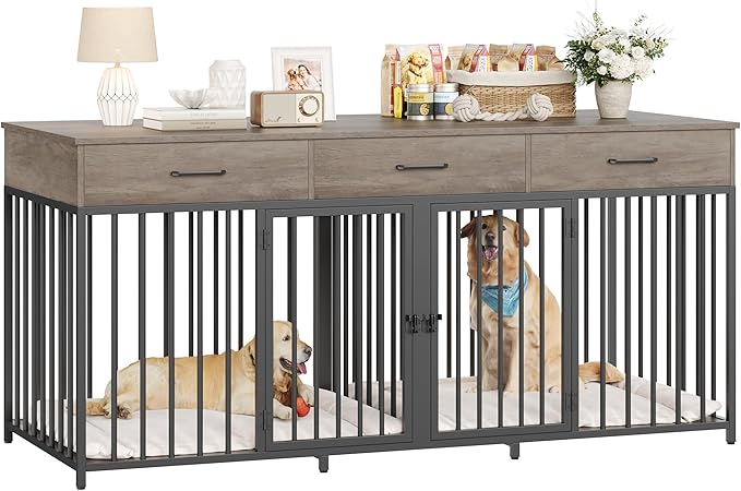 HOSTACK Double Dog Crates Furniture, 71" Wide Indoor Dog Kennel with 3 Drawers, Farmhouse Dog Cage for 2 Large/Medium Dogs, Heavy Duty Dog Crate with Removable Divider, Wooden Pet House, Ash Grey