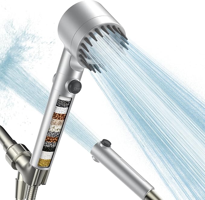Filtered Shower Head with Handheld, High Pressure Water Flow and Multiple Spray Modes Shower Head with Filter, Power Wash for Hard Water, Showerhead with ON/OFF Switch for Pets Bath (Silver)