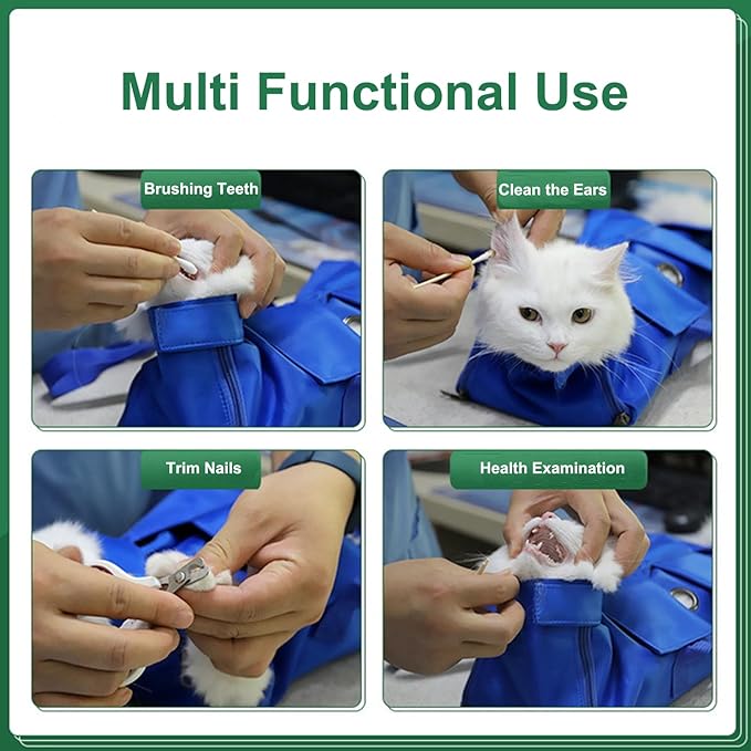 HDKUW Cat Grooming Bag,Foldable Travel Carrier for Cats,Anti-Bite Anti-Scratch Cat Grooming Restraint Bag,Pet Carrier for Administering Eye Drops,Ear Cleaner,Clipping Nails Blue S