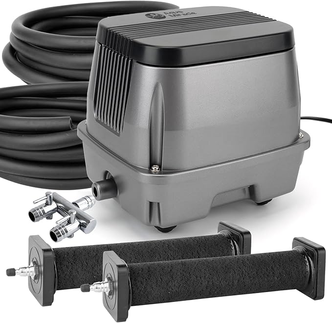 AquaMiracle All-in-1 Koi Pond Aeration Kit Pond Air Pump with Self-Sinking Airline Rubber Air Diffuser, Air Flow Control Pond Aerator for Outdoor Pond 10,000-15,000 Gallons