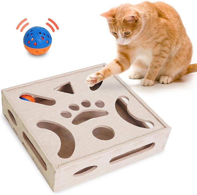PETKARAY Felt Cat Puzzle Toy, Interactive Cat Toys for Indoor Cats, Interactive Maze for Kitten Felt Puzzle Box with Ball, Beige