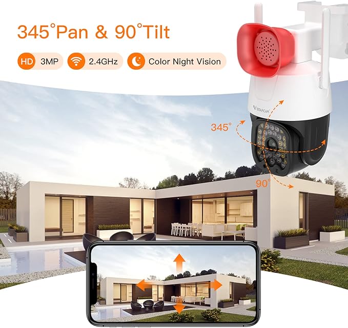 VSTARCAM 3MP Security Camera Outdoor,Home Camera Security, Outdoor WiFi Camera with 2.5-Inch High-Decibel Speaker, 360° PTZ Camera, Motion Detection,Two-Way Audio,Siren, Color Night Vision 01