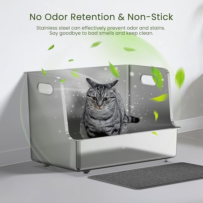 One-Piece Stainless Steel Litter Box, 14.5" High-Side XL Metal Cat Litter Box, Extra Wide Entry Pet Toilet, Cat Litter Station with Wheels, Easy to Move, Non-Stick, No Odor, for Big or Multiple Cats