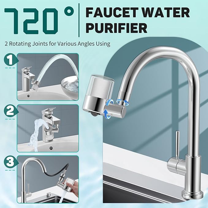 CECEFIN Swivel Water-Filter for Sink-Faucet - Faucet Mount Water Filtration System, Carbon Purifier Reduces 99% Chlorine, Last 528 Gallons Tap Water, Fits Most Pull Out Kitchen/Bathroom/RV Faucets