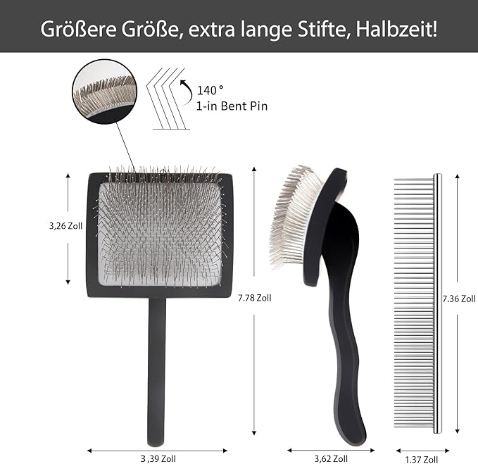 Dog Slicker Brush for Shedding and Grooming Medium or Long Haired Cats, Extra Long & Soft Pin Slicker Brush for Removes Loose Hair, Tangles, Knots, Undercoat, Free Pet Comb, Large Black