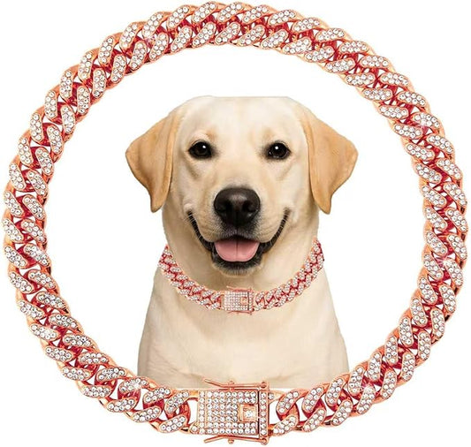 Cuban Link Dog Chain Collar Rose Gold Crystal Dog Necklace Metal with Design Secure Buckle Pet Collar Jewelry Accessories for Small Medium Large Dogs Cats(Rose Glod 20inch)