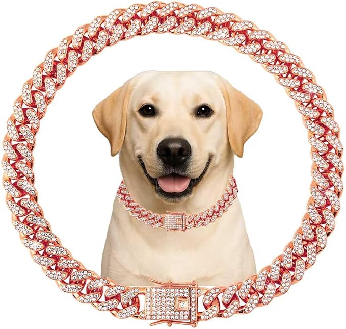 Cuban Link Cat Collar Rose Glod Crystal Dog Necklace Metal Chain Collar with Design Secure Buckle Pet Collar Jewelry Accessories for Small Medium Large Dogs Cats(Rose Glod 10inch)