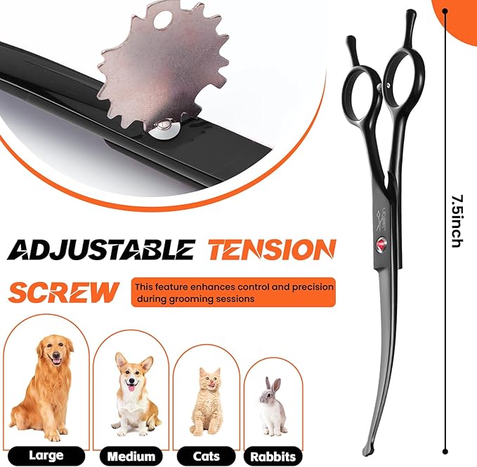 JASON 7.5" Dog Grooming Shear - Professional Up-curved Scissor with Round Tips Japanese Stainless Steel Hair Scissor for Dogs, Cats and Other Pets (Curved with Round Tips, Black)