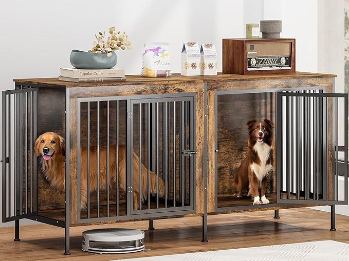 78 Inch Dog Cage Furniture for 2 Large/Medium Dogs with Removable Divider, Extra Large Double Doors Dog Kennel, XXL Thick Wooden Dog cage Furniture, Durable and Sturdy, Brown