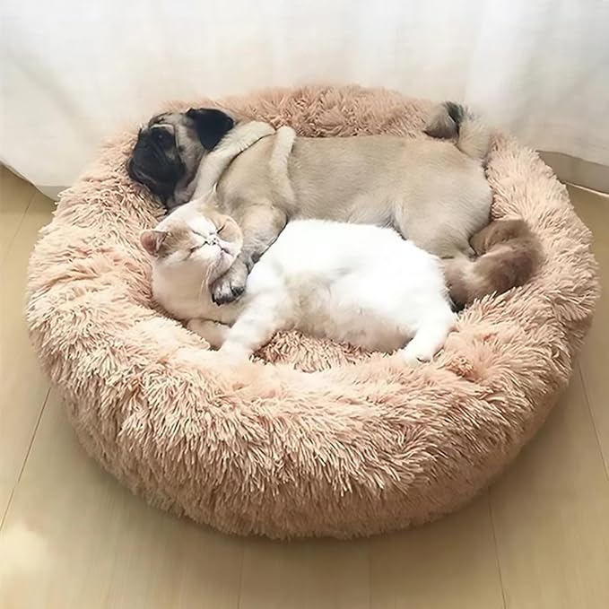Calming Dog Bed for Small Dogs, Calming Donut Cuddler Pet Bed Anti Anxiety Round Dog Bed Fluffy Plush Faux Fur Cat Bed,Gradient Yellow,31.5IN