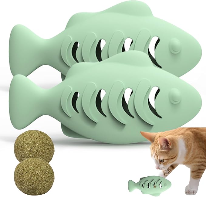 Cat Toys for Indoor Cats, Fish Shaped Chew Catnip Toys for Teeth Cleaning, Food Grade Silicone Cat Enrichment Toy, Interactive Kitten Teething Toys with 1 Cat Nip Ball, 2 Pcs