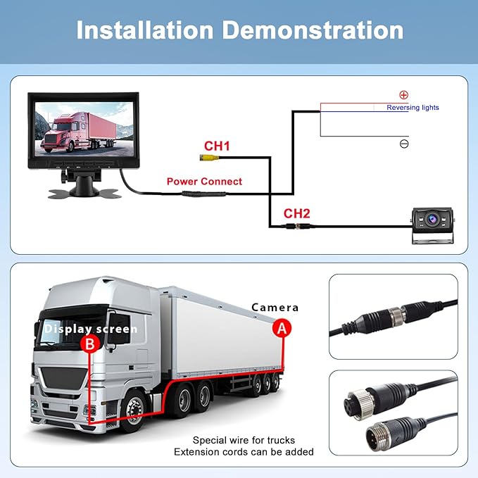 Wired AHD Backup Camera System, IP69 Metal Camera, Night Vision, 7" 1080P Monitor Kit with 15M Extension Cable and Remote Control for Trucks Buses Vans Trucks Trailers RVs Campers