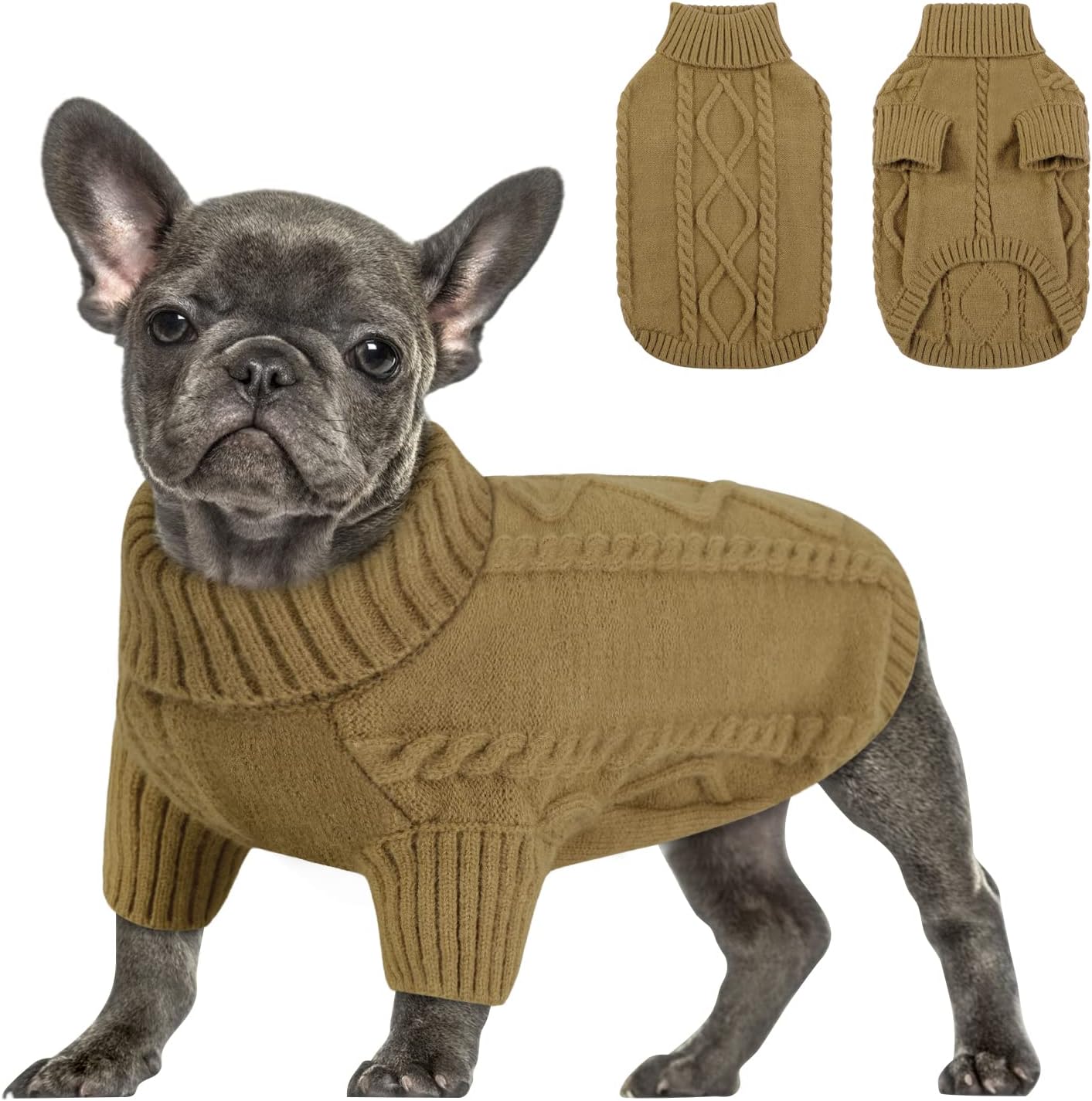 Queenmore Small Dog Pullover Sweater, Cold Weather Cable Knitwear, Classic Turtleneck Thick Warm Clothes for Chihuahua, Bulldog, Dachshund, Pug (Light Brown, Medium)