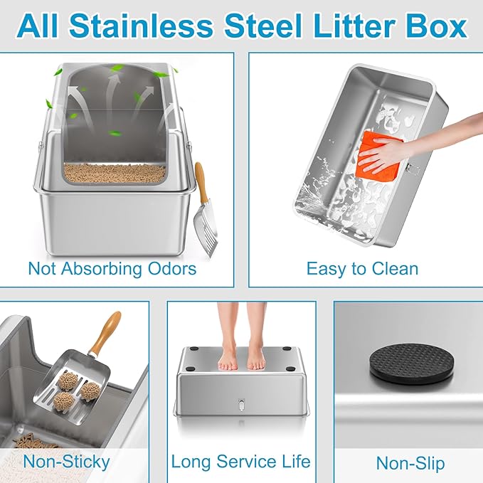14'' High Sides XXL All Stainless Steel Cat Litter Box with Lid,XL Deep Metal Litter Box for Big Cats,Extra Large Litter Boxes with High Wall Enclosure,Anti-Leakage,Never Absorbs Odors,Non-Sticky