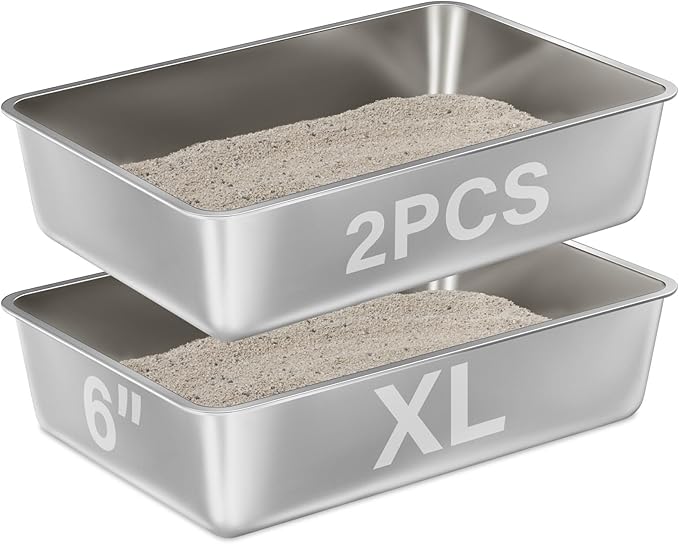 Stainless Steel Cat Litter Box 2 Pack,XL Metal Litter Box for Big Cats, Cat LitterBox Metal Pet Toilet Easy to Clean,High Sided Litters Boxes Adult Big Cats,Non Stick, No Smell,23.6"x15.8"x6"