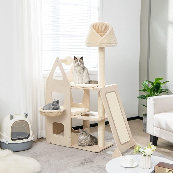 Tangkula Modern Wood Cat Tree for Indoor Cats, 64 Inch Multi-Level Tall Cat Tree with Scratching Rotatable Ball & Posts, Sisal Ramp, Hanging Basket, Large Cat Tower with Plush Perch, Washable Mats