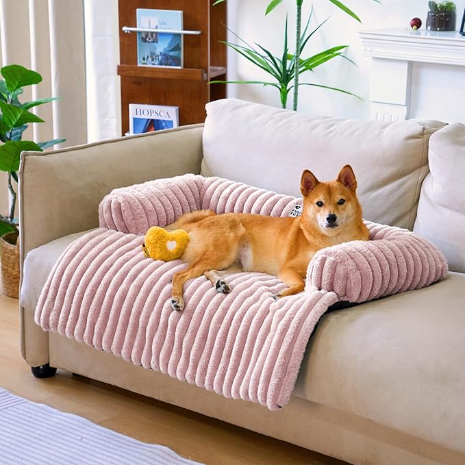 FUNNY FUZZY Pet Couch Cover for Sofa, Calming Dog Bed for Couch, Fluffy Plush Dog Couch Mat for Furniture Protector for Large Medium Small Dogs and Cats, Pink