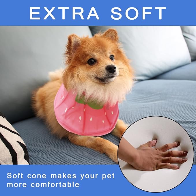 Soft Dog Cone, Lightweight Elizabethan Collar for Dogs, Adjustable Soft Cones for Dogs/Cats to Stop Licking After Surgery, Cute Strawberry Cone of Shame Alternatives for Pets(X-Large)