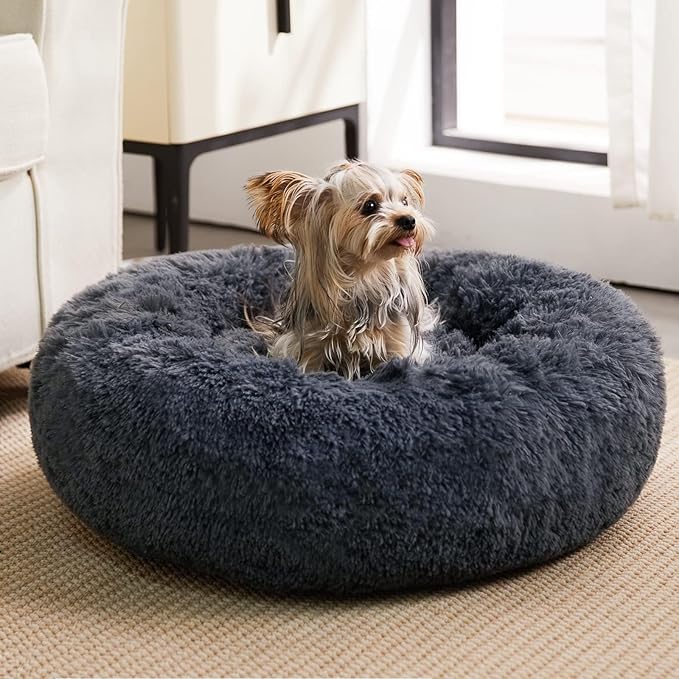 WNPETHOME Calming Dog Beds for Large Dogs, Anti-Anxiety Donut Pet Bed, Fluffy Faux Fur Plush Dog Bed，Warming Cozy Soft Round Pet Bed for Large Jumbo Dogs, Cat Cuddler Cushion
