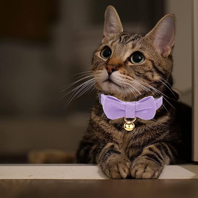 Cotton Breakaway Cat Collar with Bow Tie and Bell, Adjustable Cute Soft Corduroy Kitten Collars for Girl and Boy Cats