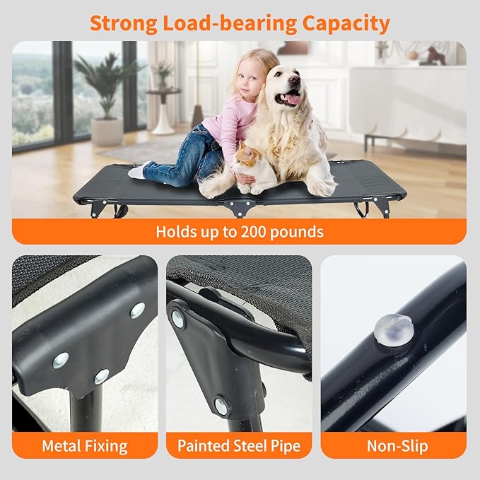 Dog Elevated Bed Foldable Portable Raised Bed Camping cot Outdoor Summer Dog Bed (Large, Grey-Textilene)