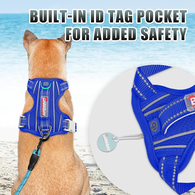 BARKBAY No Pull Dog Harness Large Reflective Dog Harness with Front Clip and Easy Control Handle for Walking Training Running with ID tag Pocket(Sapphire Blue,XL)