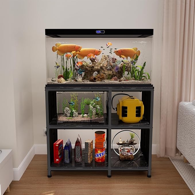 Reinforced 40-50 Gallon Aquarium Stand with Power Outlet | Ultra-Stable 750LBS Capacity Metal Fish Tank Stand for Reptile/Aquatic Setups, 5-Tier Adjustable 37"x19" Steel Shelving System