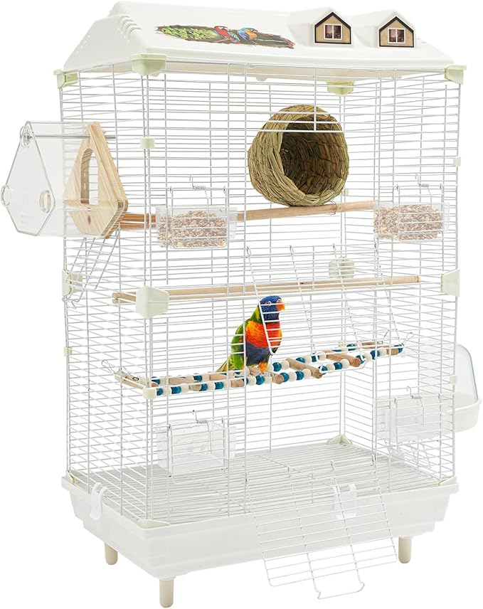 30" Roof Top Bird Cage, 2 Tier Medium Metal Parrot Cage with Accessories Include Cross Bar Climbing Ladder Dual Door Parakeet Cage for Various Bird Species (30.3" H)