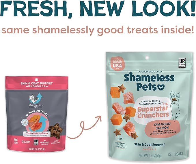 Shameless Pets Crunchy Cat Treats - Kitty Treats for Cats with Skin & Coat Support, Natural Ingredients Kitten Treats with Real Salmon, Healthy Flavored Feline Snacks - Yam Good Salmon, 1-Pk