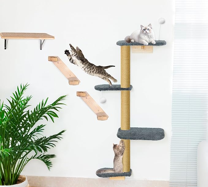 Wall Mounted Cat Wall Shelves and Climbing Tree for Kittens, 4-Tier Adjustable Cat Furniture for Indoor Cats Under 30lbs, with Grey Plush Platforms