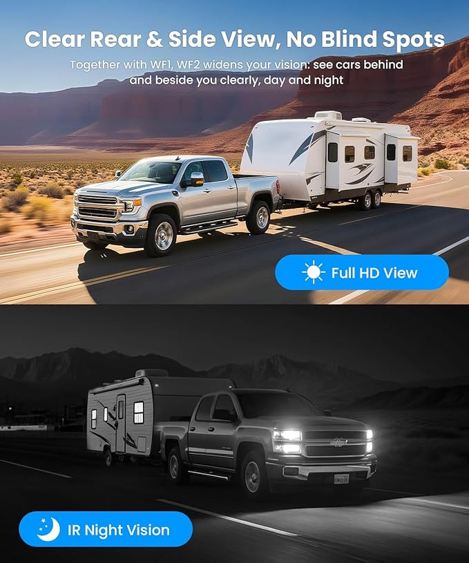 AUTO-VOX RV Backup Camera Wireless System: Left/Right Side Cameras, Adjustable Angle with IR Night Vision, IP69K Waterproof, Works Only with WF1, for Class A/B/C Motorhome, 5th Wheel, Travel Trailer