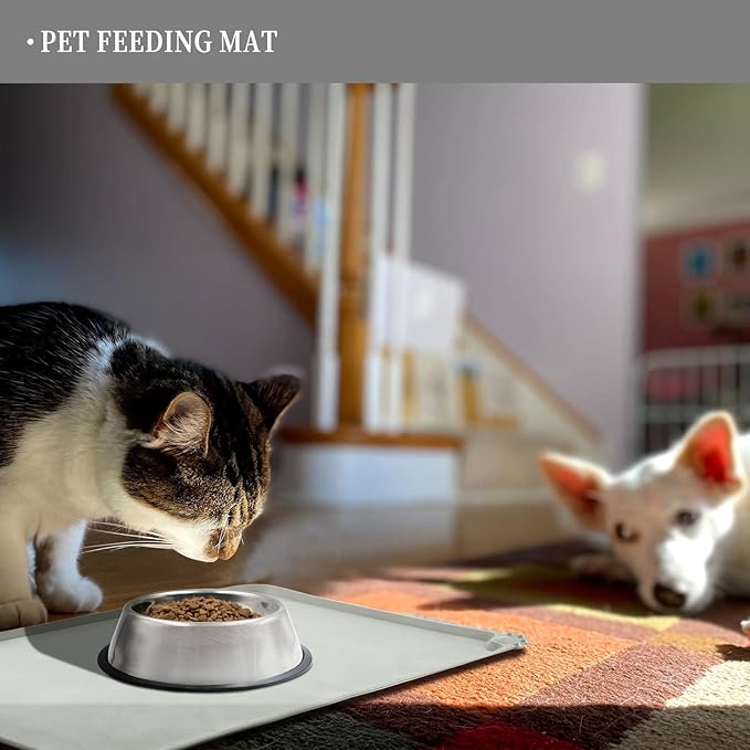 Waterproof Pet Feeding Mat with High Raised Edges, Heavier and Thicker Placemats for Cat Dog Water Bowl with BPA Free, Dogs Cats Food Mats for Messy Drinkers to Prevent Spill and Protect Floors