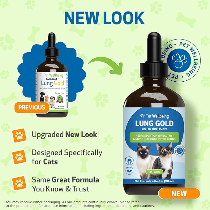 Pet Wellbeing Lung Gold for Cats - Lung Immune Support, Lower Respiratory Health, Open Airways, Normal Breathing, Reishi, Coptis - Veterinarian-Formulated Herbal Supplement - 4 oz (118 ml)