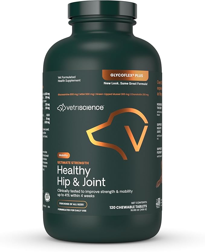 VetriScience Ultimate Strength Healthy Hip & Joint Chewable Tablets, GlycoFlex Glucosamine, Chondroitin and Green-Lipped Mussel Joint Supplement for Dogs, Soothe Joint Discomfort, Chicken, 120 Count