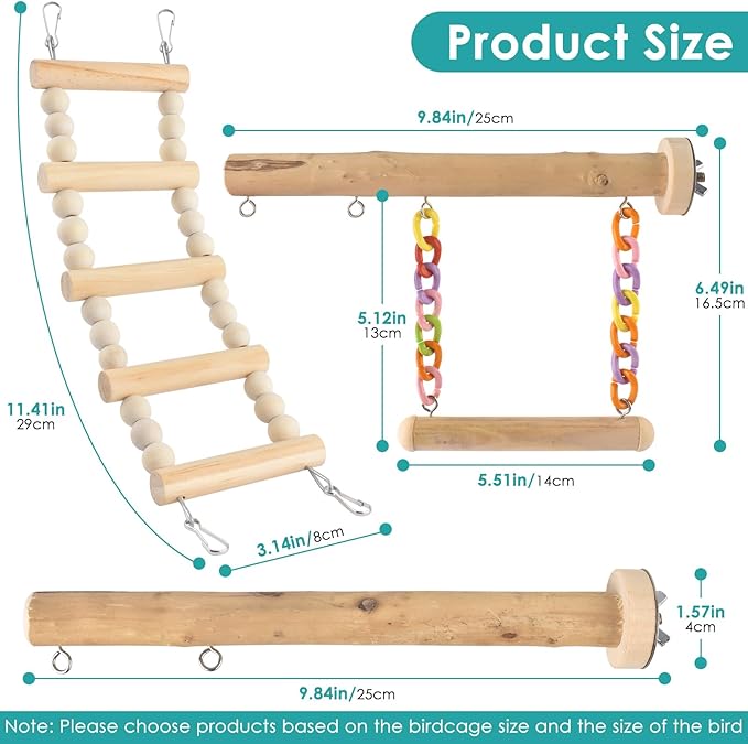 Bird Perches Ladder with Swing, Natural Wood Parrot Climbing Bridge Perch Toys, Exercise Play Stand Parakeet Cage Accessories for Budgie Cockatiel Green-Cheeked Conure Caique